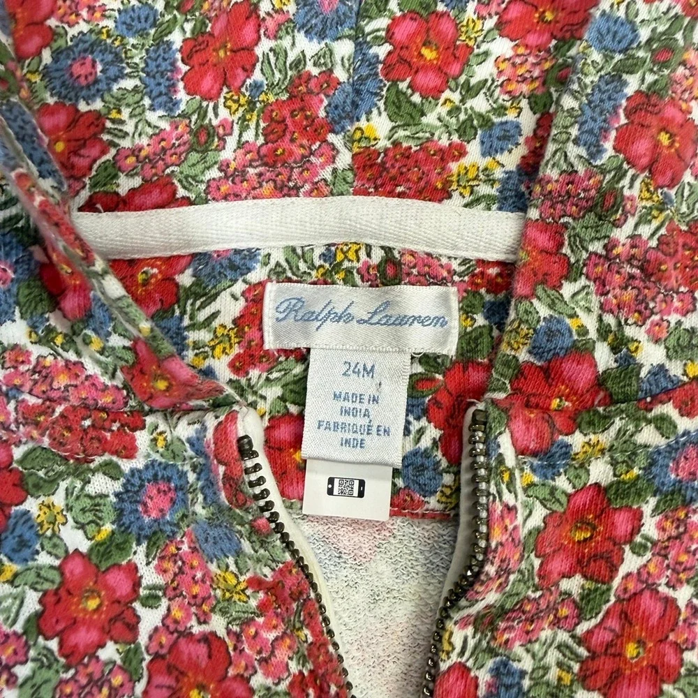 Ralph Lauren Girls 24M Floral Short Sleeve Zip Up‎ Hoodie French Terry Red Blue